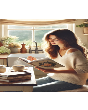 woman drinking coffee and looking through cookbooks
