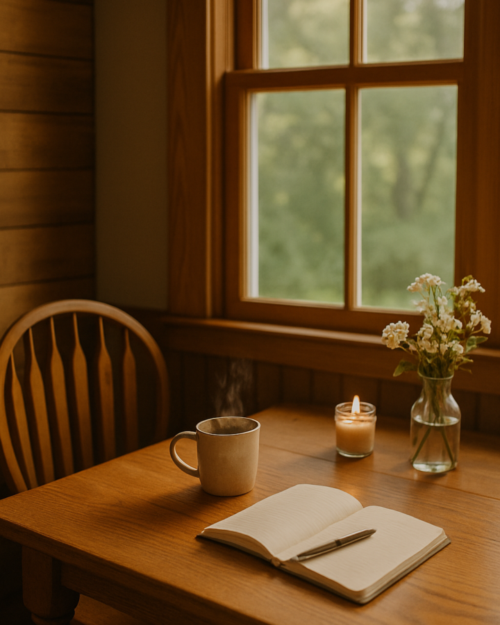 Cozy kitchen with coffee and candle in a table