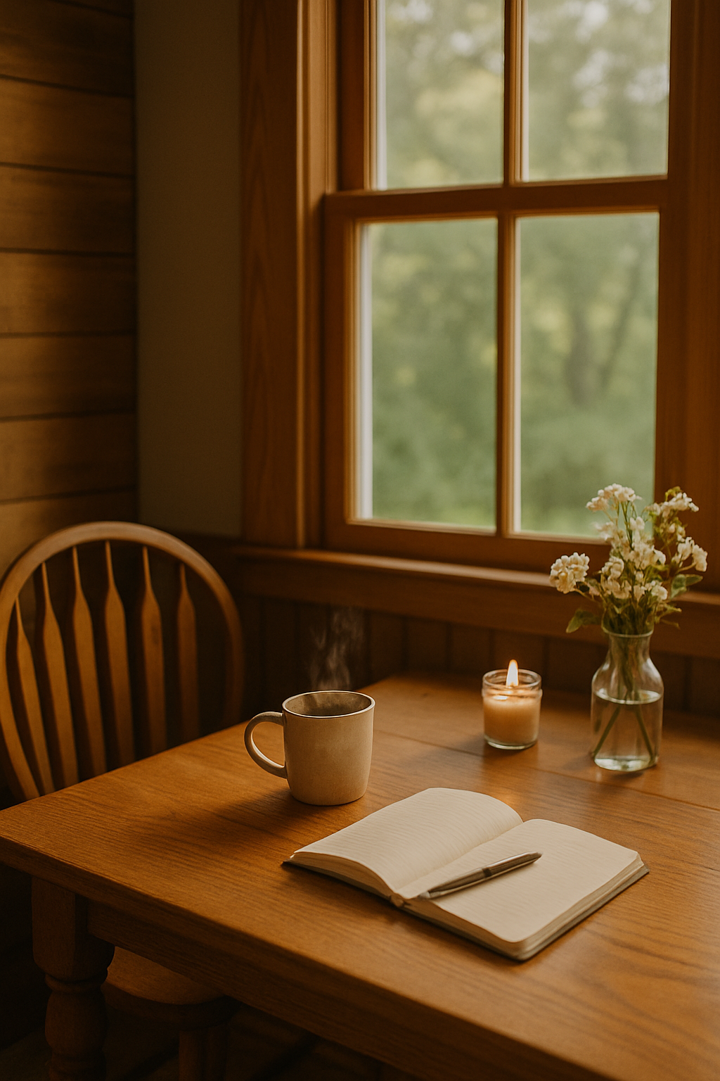 Cozy kitchen with coffee and candle in a table