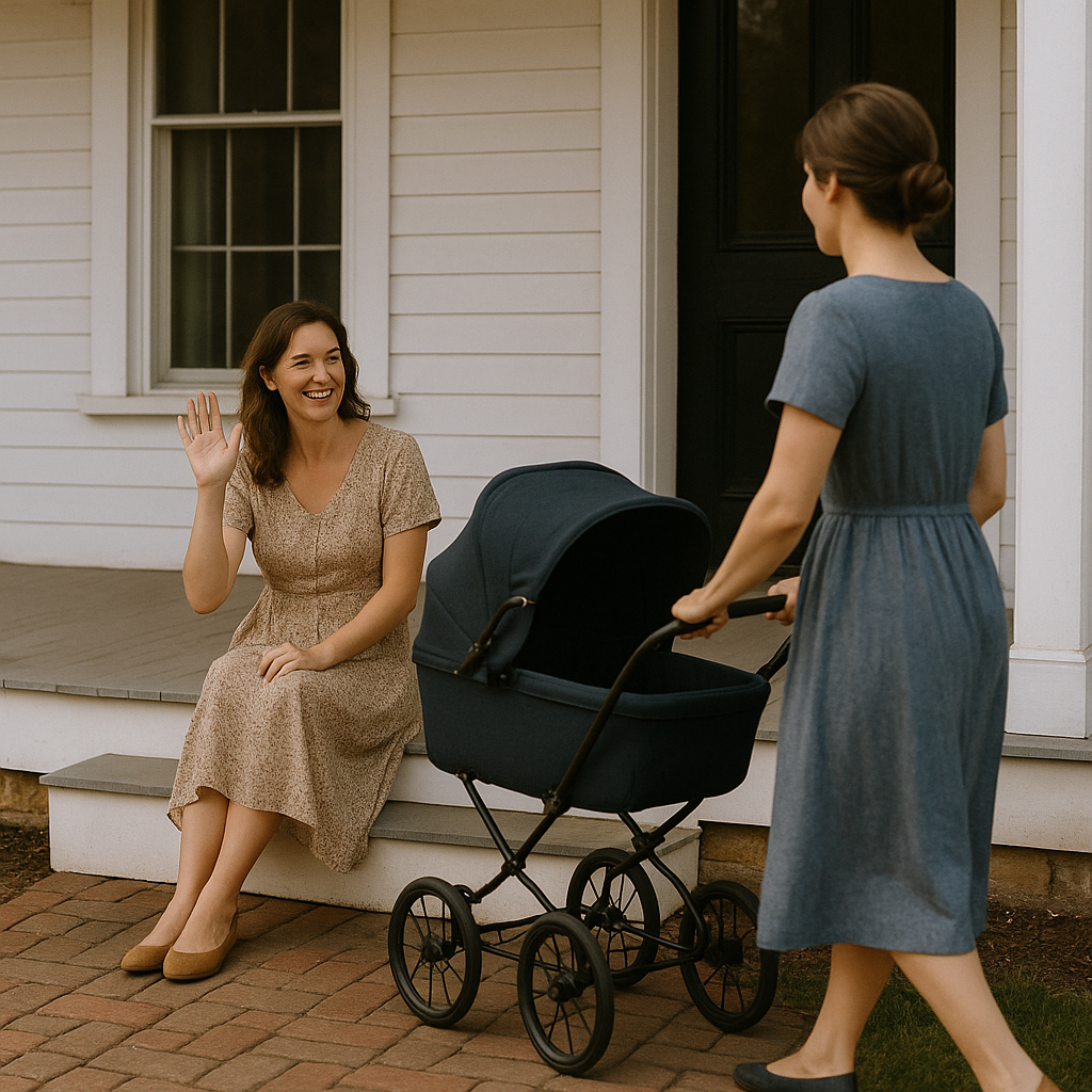 Waving to another woman pushing a baby carriage like you would in Mayberry