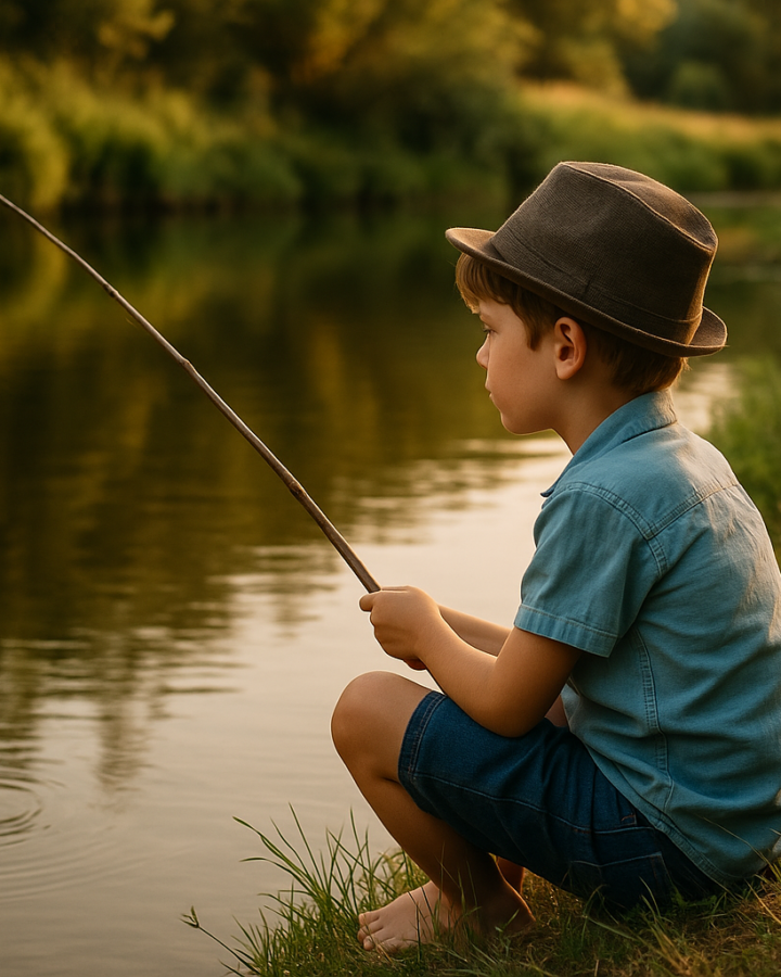 Boy fishing by pond in Mayberry