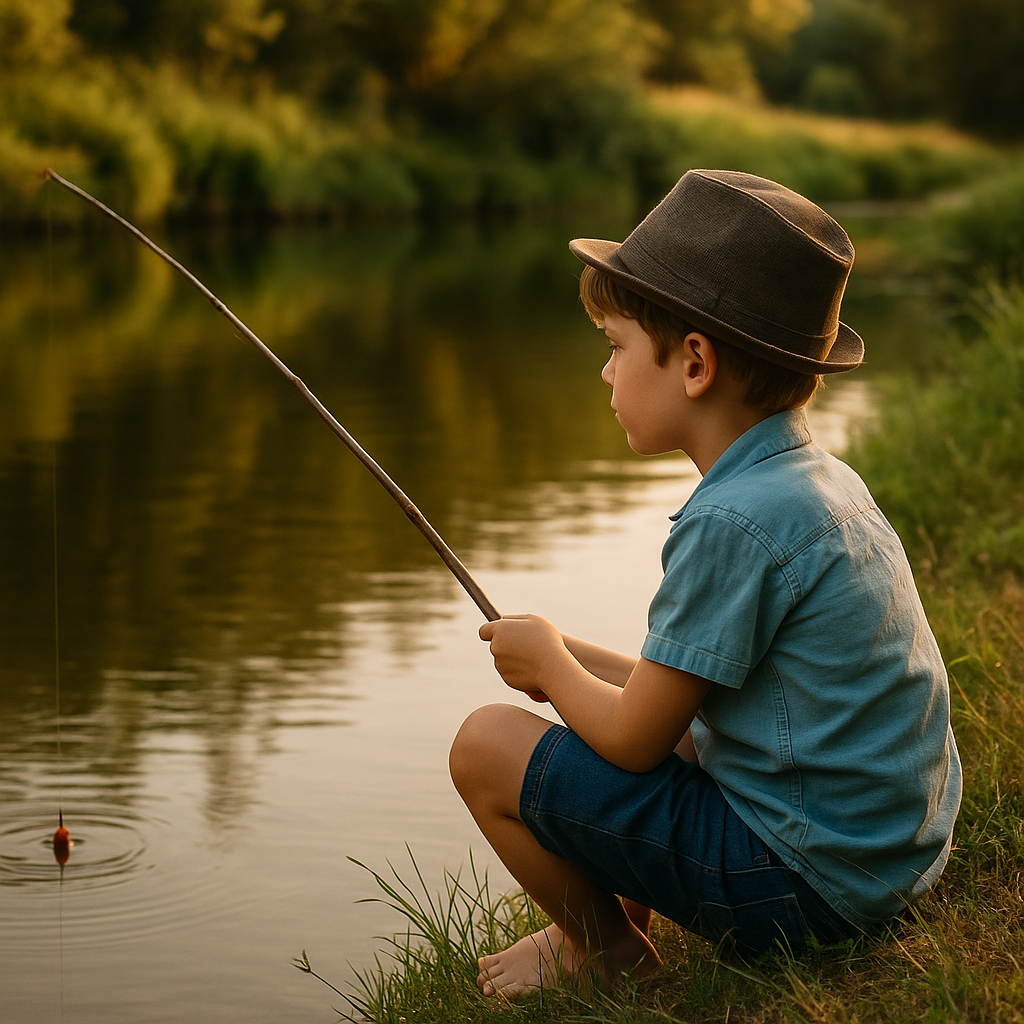 Boy fishing by pond in Mayberry
