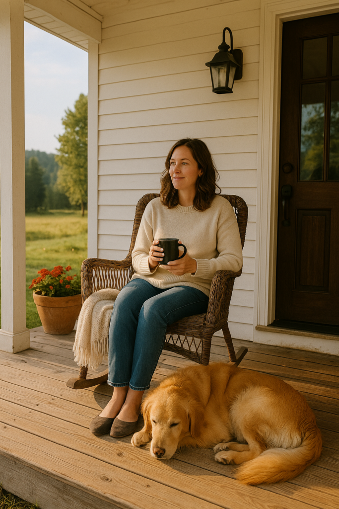 Woman on front porch with golden retriever living a Mayberry life