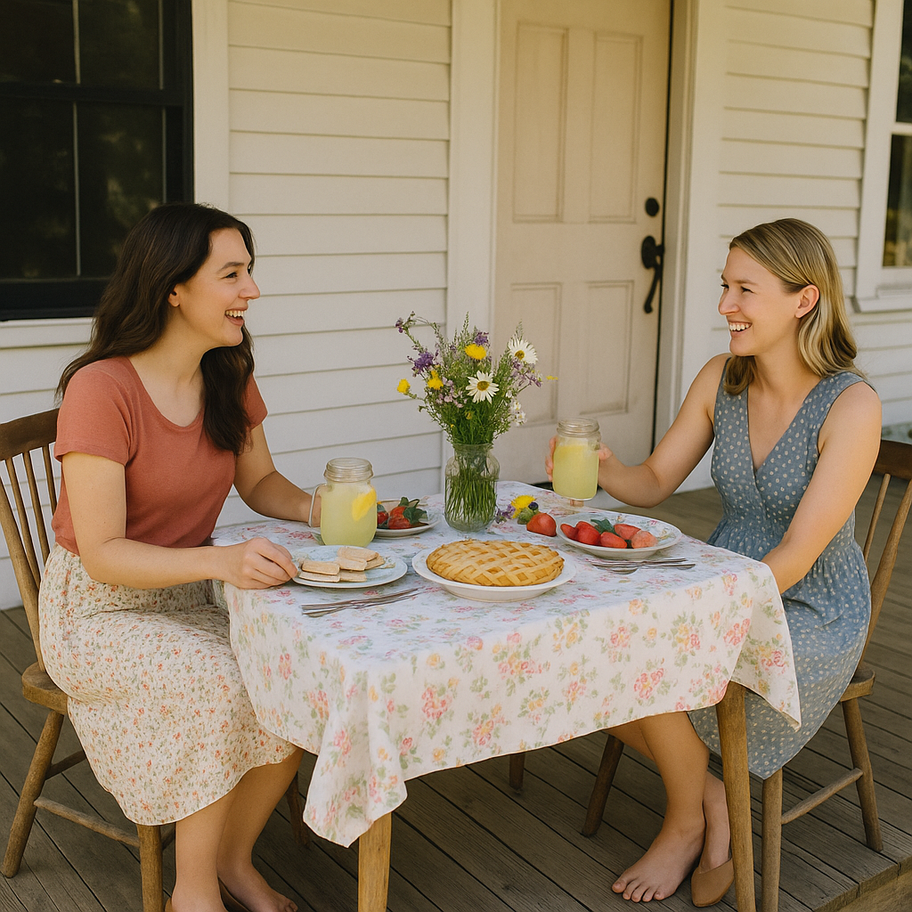 Luncheon with 2 women on porch