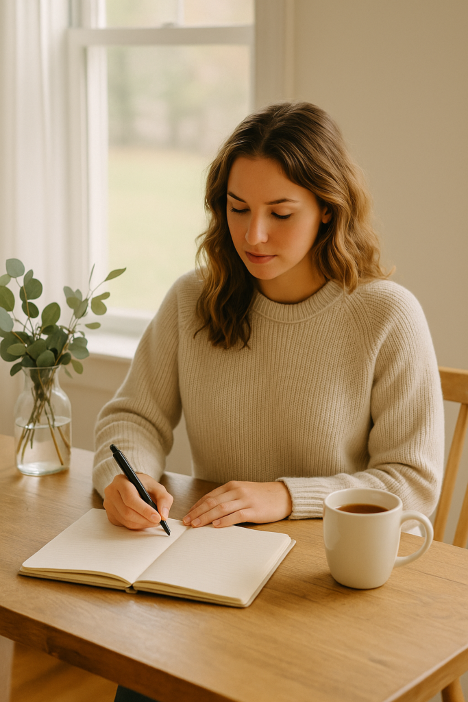 A woman at a desk writing in her journal her action steps to reach her goals