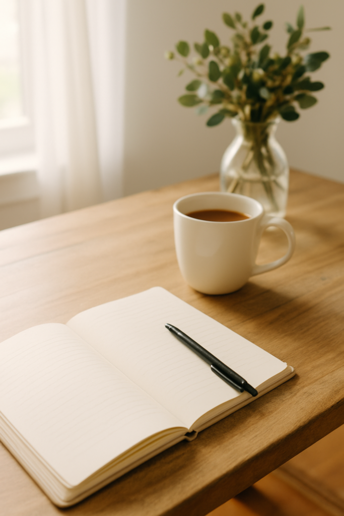 Image of a pen and journal on a desk with a greenery arrangement and a cup of coffee or tea 