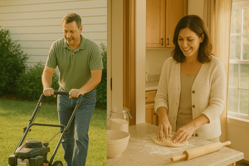 Traditional gender roles he mows the lawn, she does the cooking