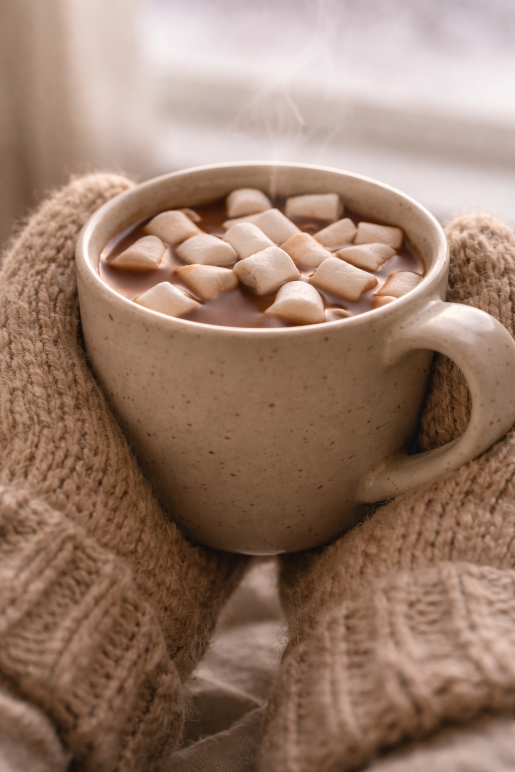 Image of mittens and hot cocoa in a mug