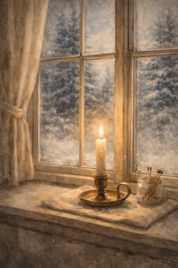 A cozy candle in a winter window scene 