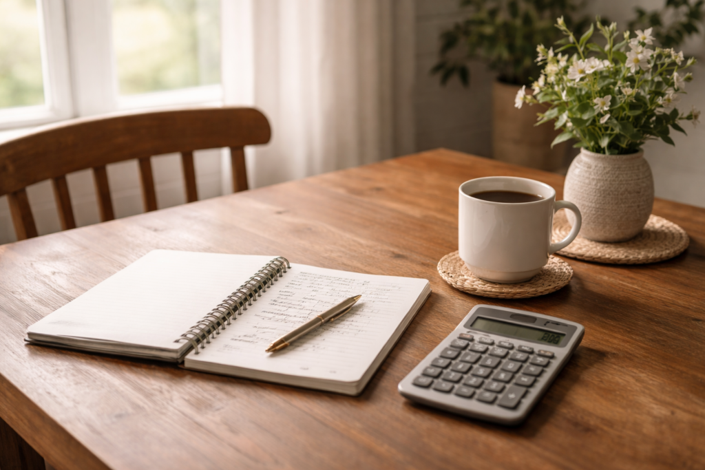 Image of calculator and paper so you can calculate the numbers to see if selling your house is feasible or can wait 