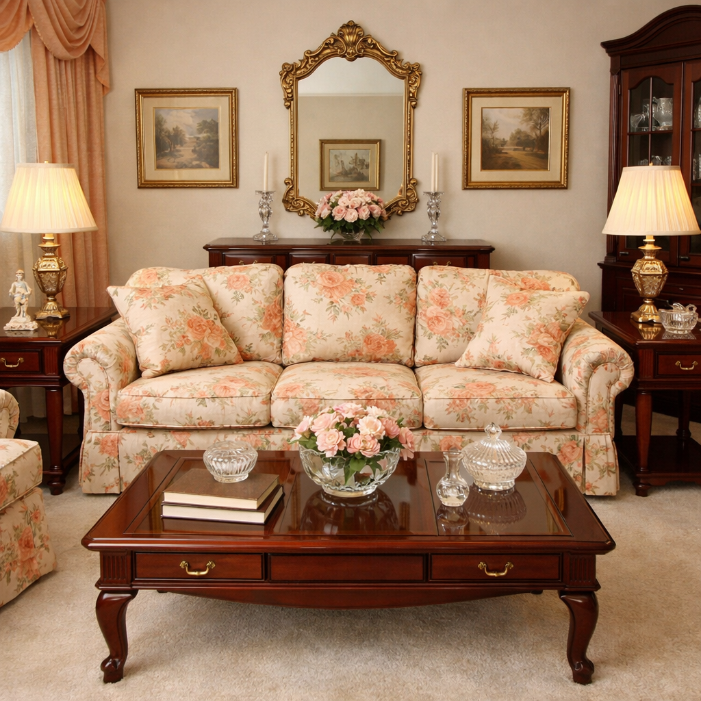 Image of an  ordered traditional living  1980s home 