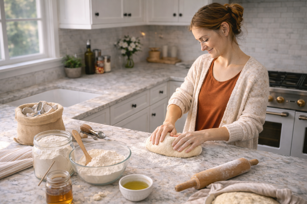 Woman learning the skill of bread making 
