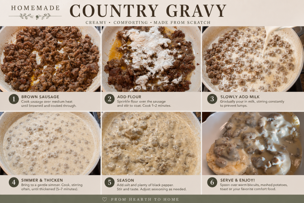 Country gravy kitchen process collage 