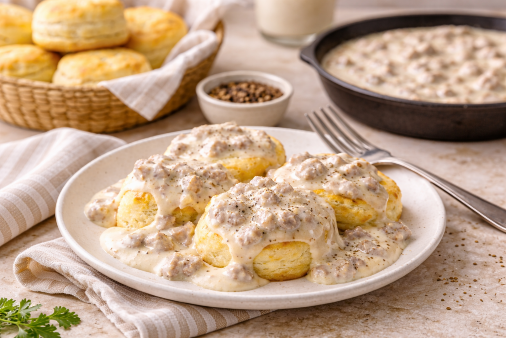 Old fashion country gravy served over homemade biscuits 