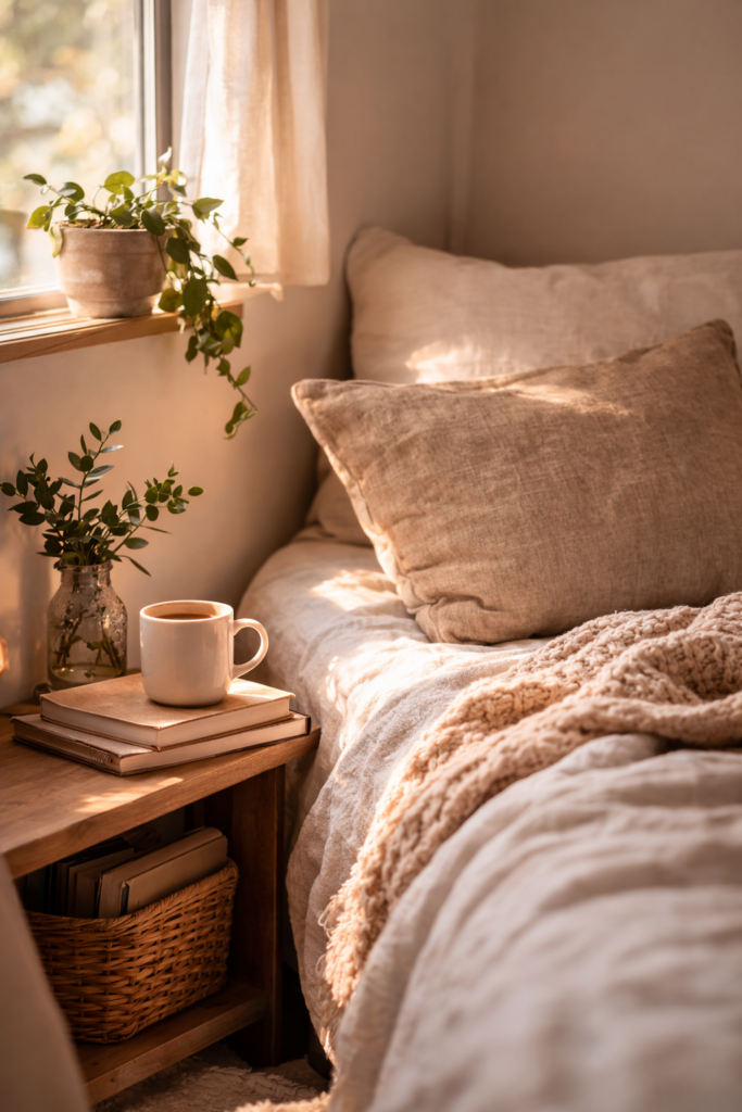 Cozy small space bedroom with morning light and a plant 