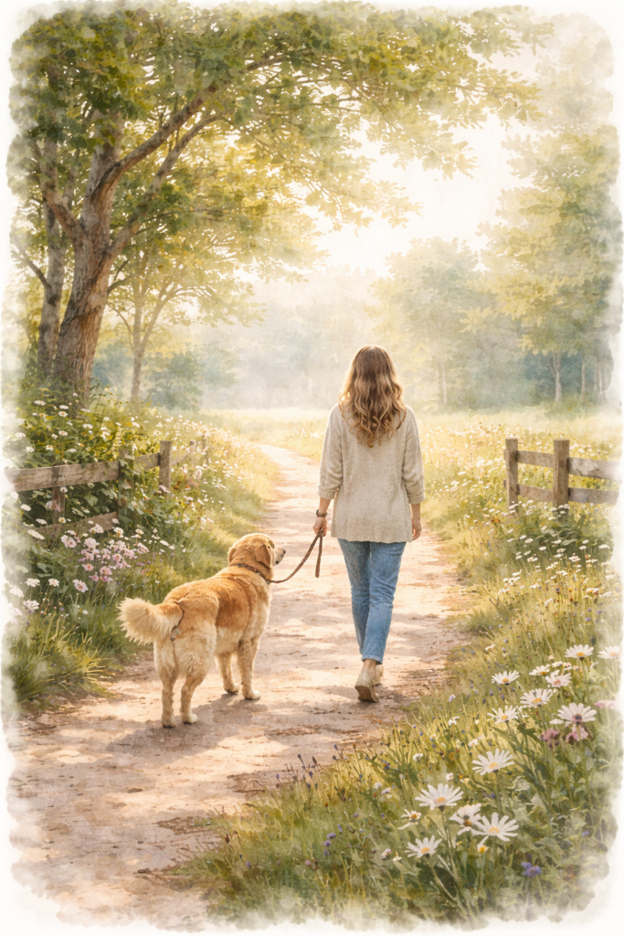 Image of woman walking her golden retriever 