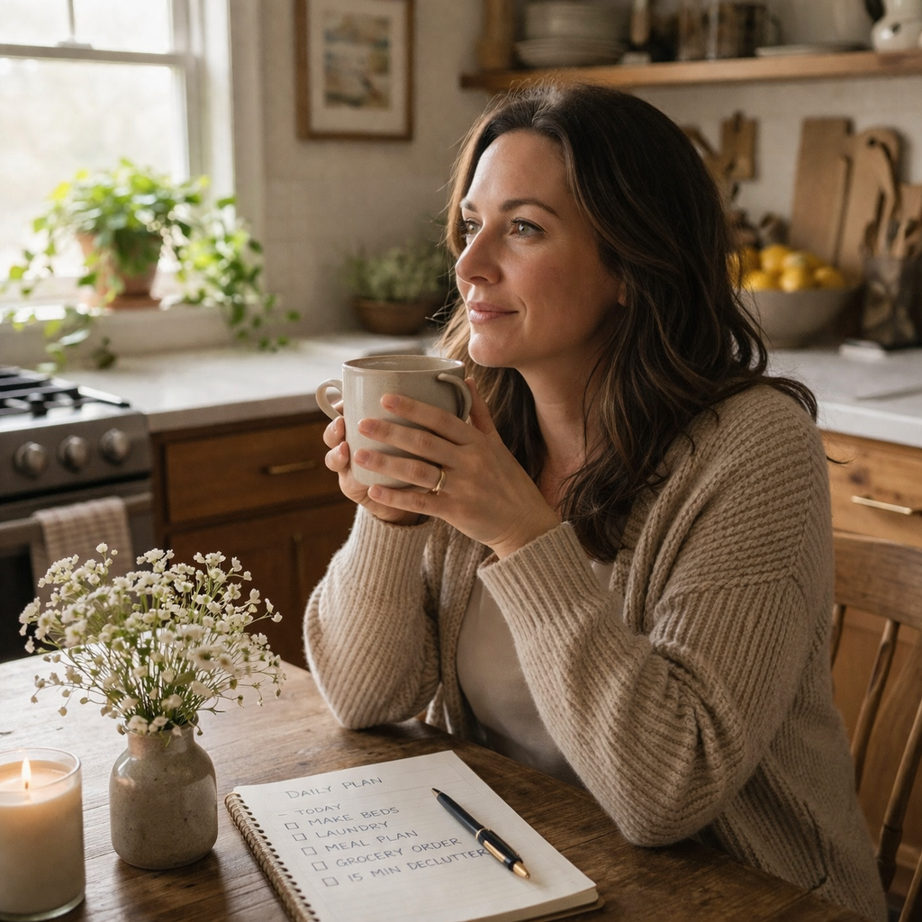 A woman calm and relaxed in her well run home