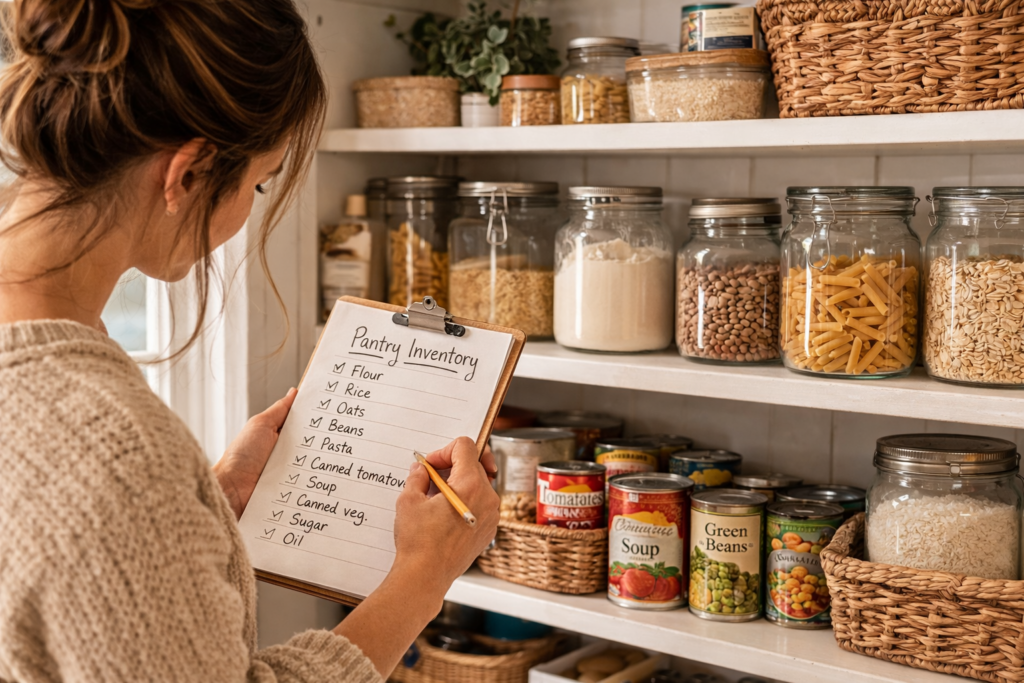 A woman going over her pantry inventory 