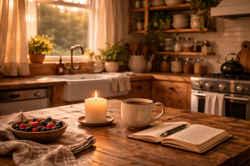 A calm end of the day in a clean farmhouse kitchen 