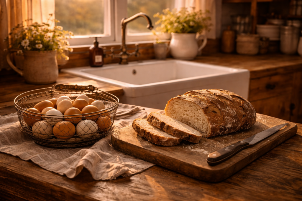 Image of simple ingredients, fresh eggs, homemade bread in a sunny farmhouse kitchen 