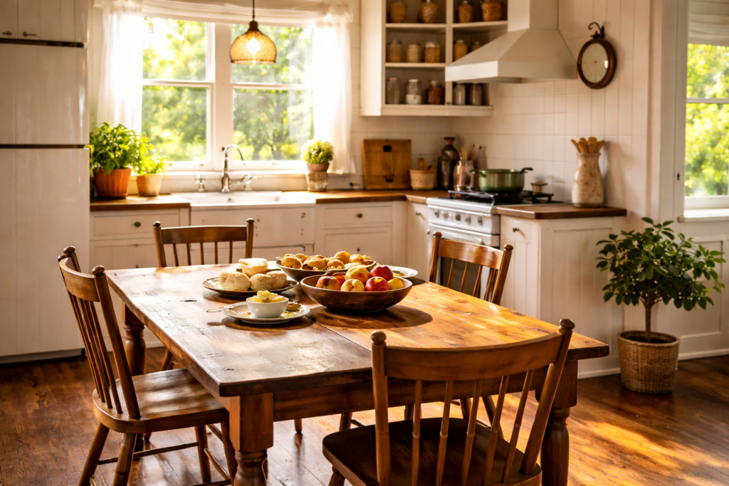 Cozy country kitchen stocked with groceries for from scratch cooking