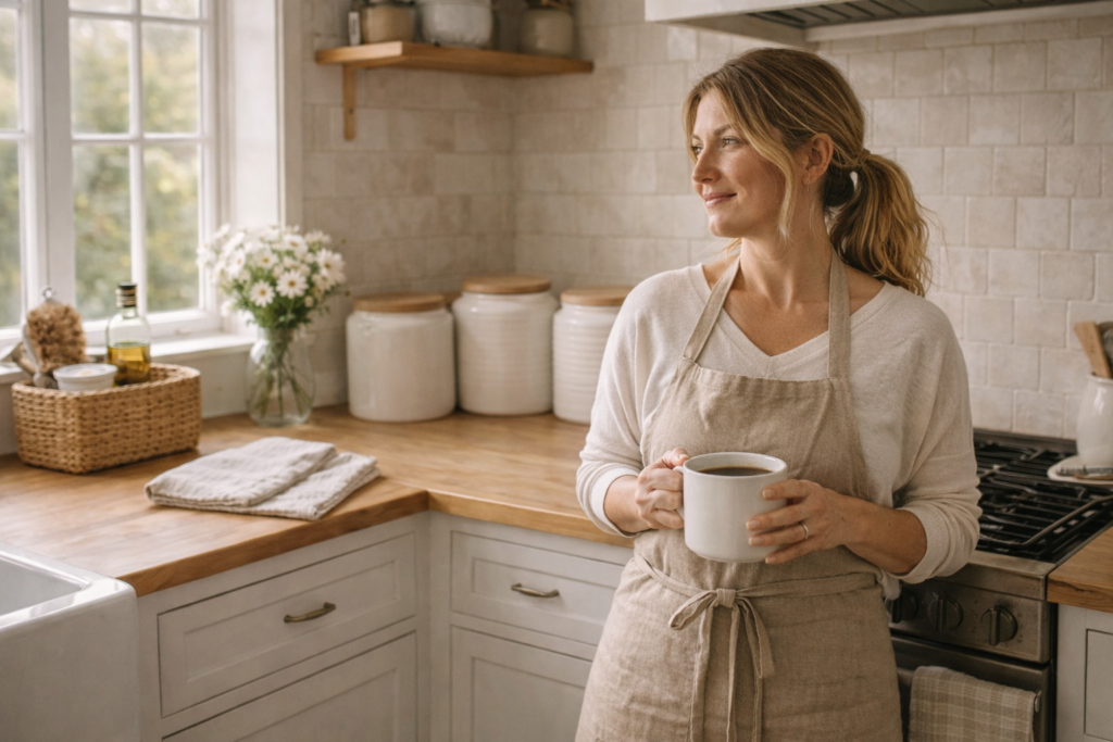 A stay at home homemaker holding coffee in her kitchen 