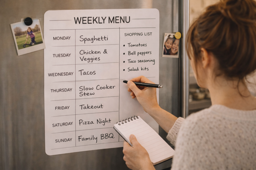 Weekly meal plan kept on the fridge so family can see it 