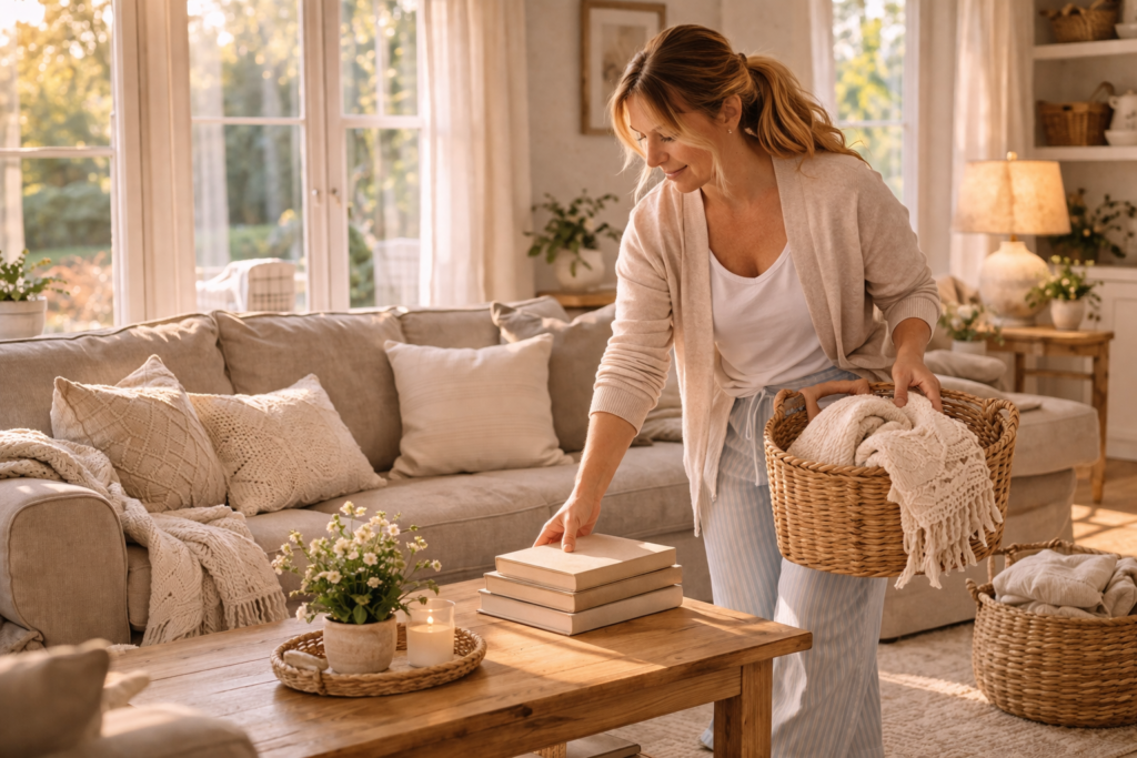 A homemaker tidying up her living room 