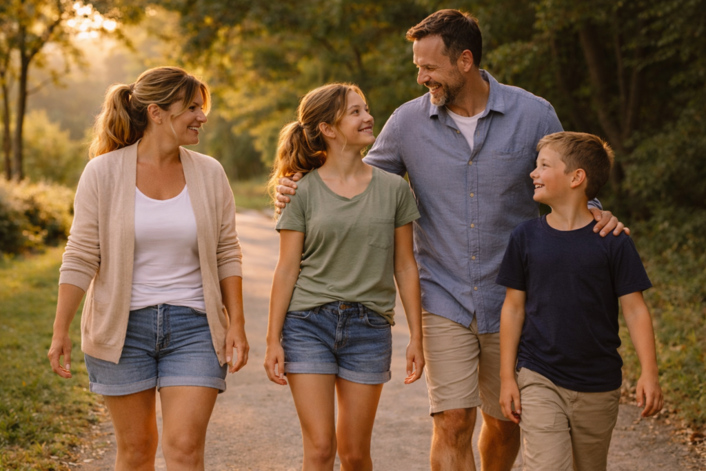 A homemaker and family taking a leisurely walk together 