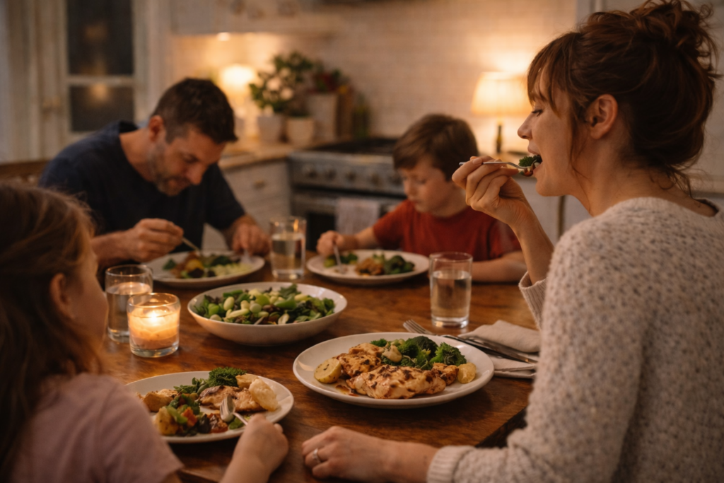 Family sitting around table eating dinner 