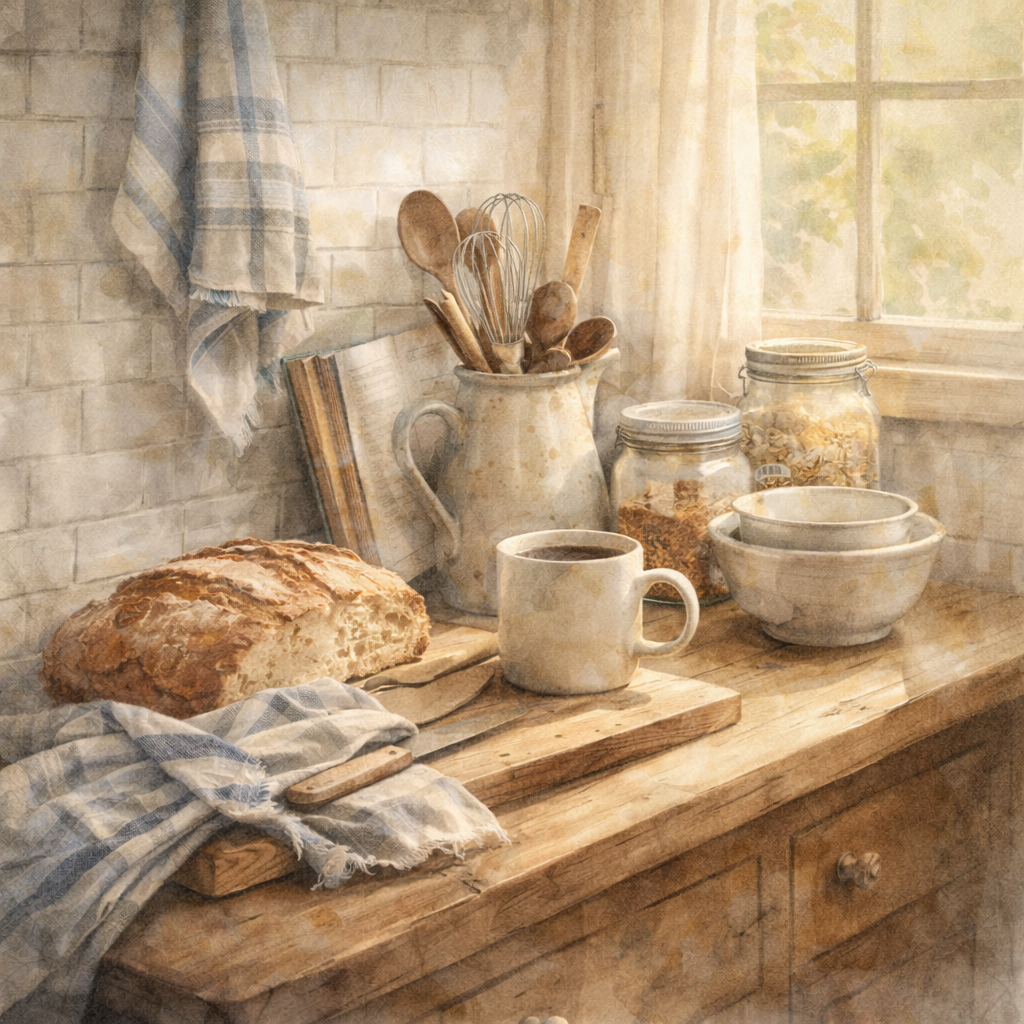 A cozy calm kitchen filled with nourishing food 