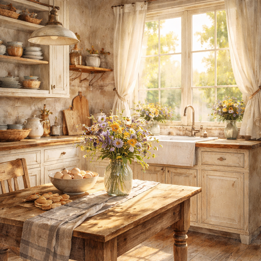 A cozy, calm , simple organized well-run kitchen 