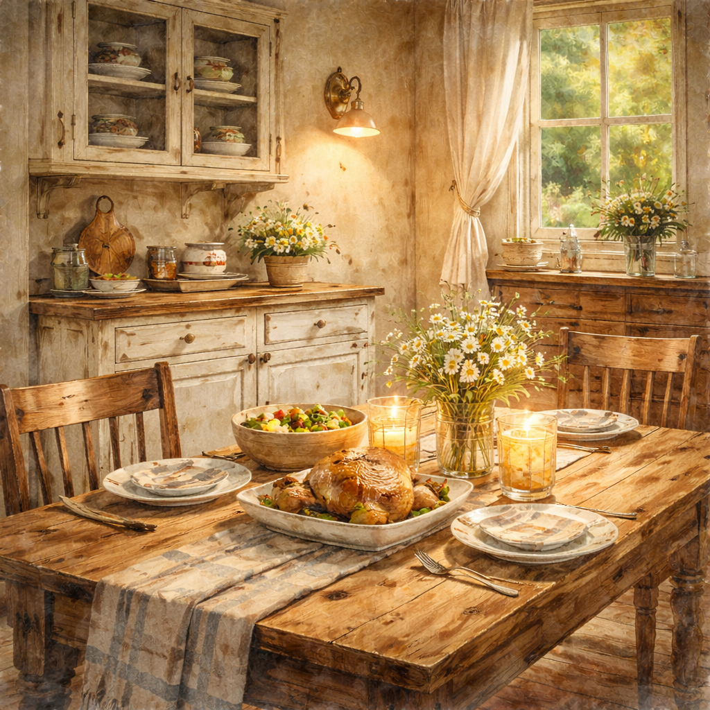 A beautiful set table with a beautifully cooked dinner for a loved family 