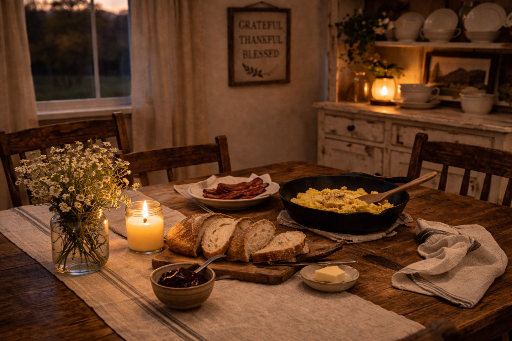 A set table ready for dinner with eggs, bacon, and fresh homemade bread for a family to enjoy