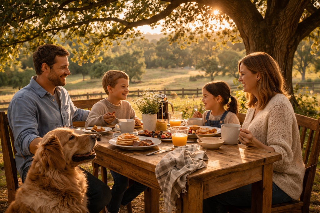 A family enjoying a simple breakfast sitting around the table 