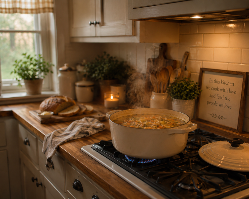 Simple soup simmering on the stove to feed a family 