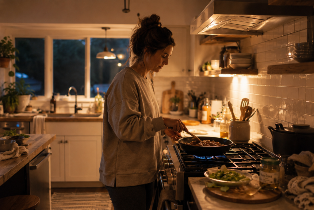 Woman making a simple meal for her family 