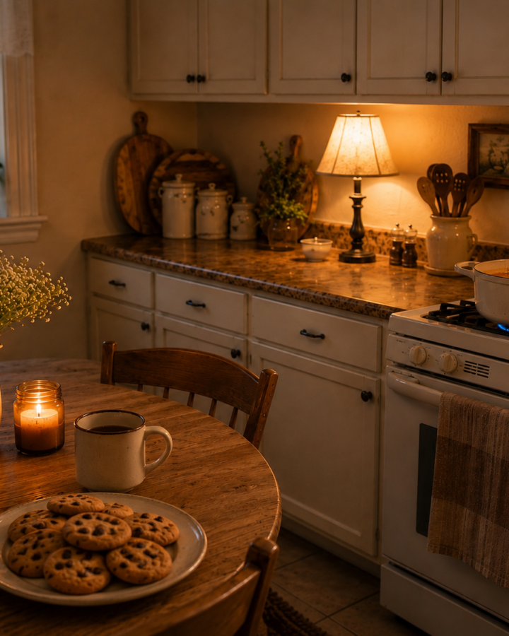 Modest kitchen scene showing a calm dinner system