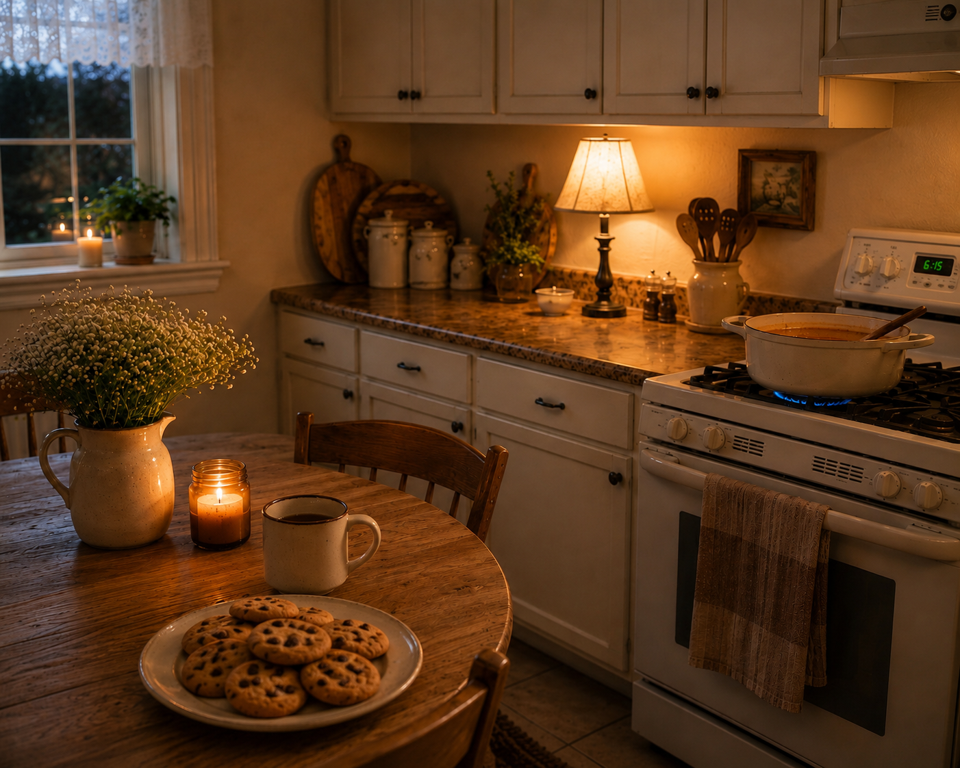 Modest kitchen scene showing a calm dinner system