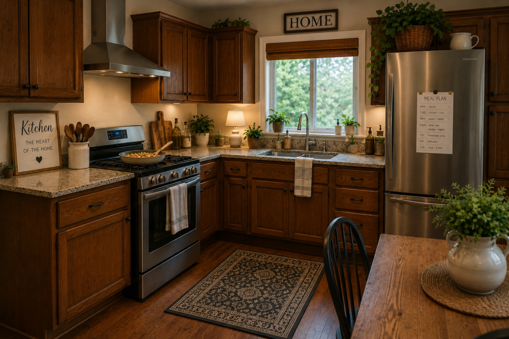 Image of a simple dinner being made in a modest kitchen and a meal plan on the fridge