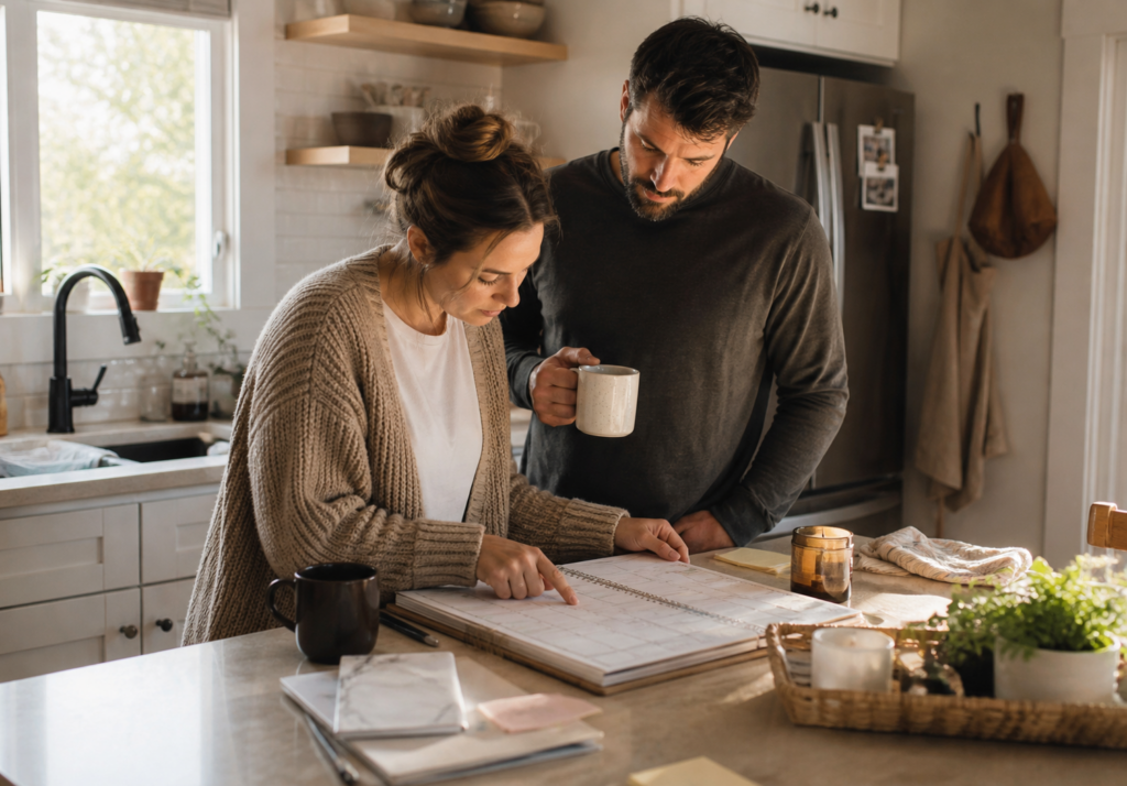 Husband and wife going over their Calendar to plan for the week ahead and getting ready for their families Sunday home reset 