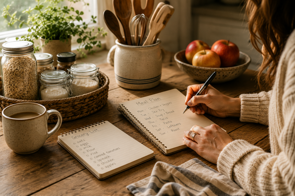 Image of woman making a simple meal plan for her well-run home 