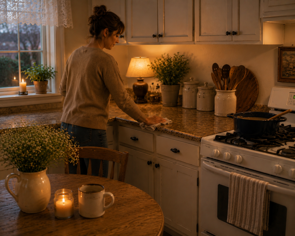 A woman wiping her counters down after dinner 