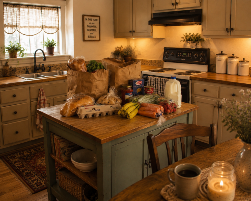 Modest cared for kitchen with simple groceries on the counter for simple meals 