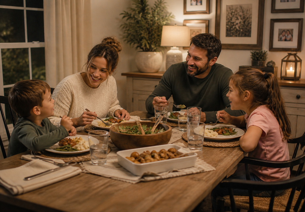 A family enjoying dinner together because they’ve finished their Sunday home rest 