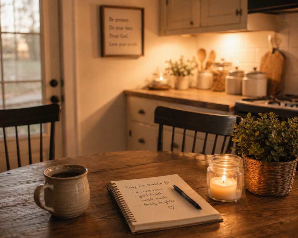Calm kitchen feeding simple food to their family and grateful for it