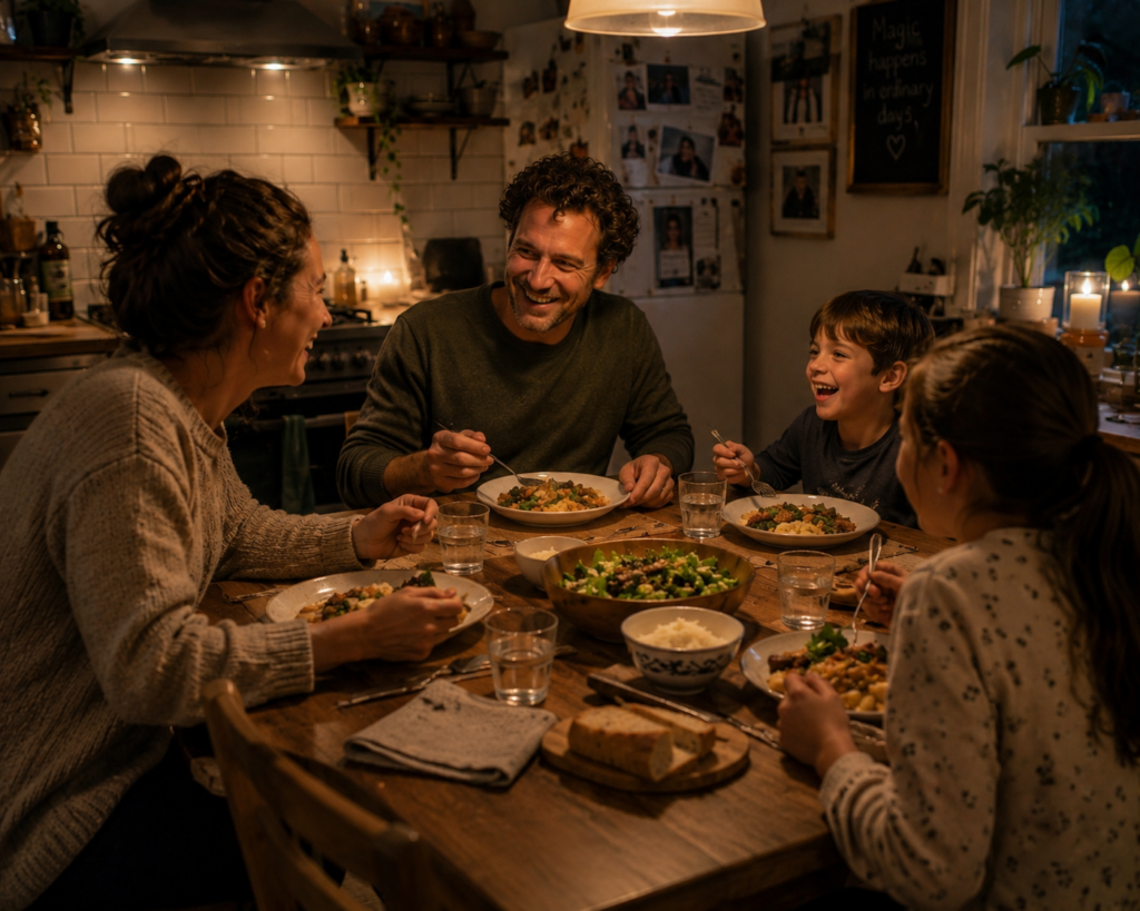 Family sitting around the table enjoying a simple dinner together 