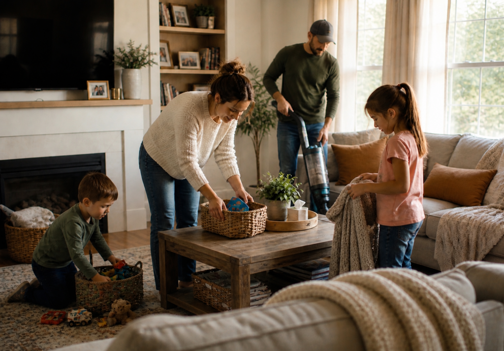 Family working together doing their Sunday home reset  plan 