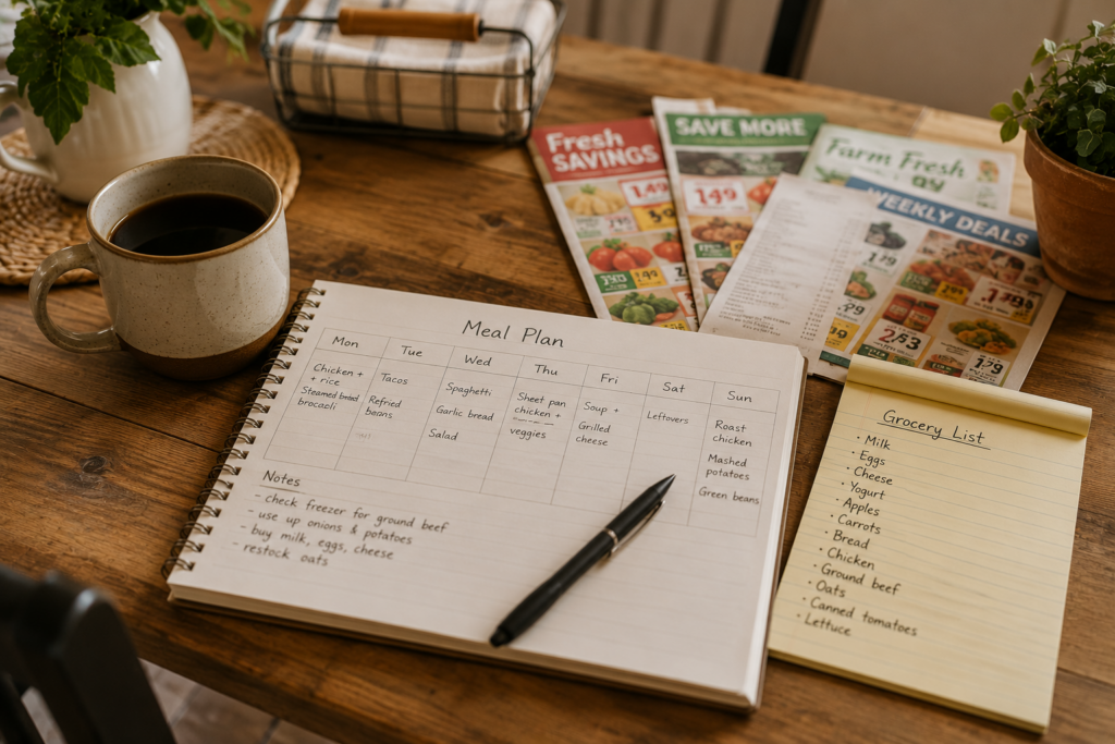 Image of grocery store sale items and meal plan and grocery list