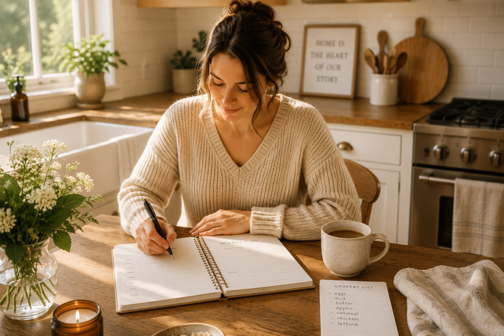 Woman at her kitchen working on her home systems